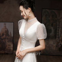 Famous) Fog London toast bride 2021 New White engagement wedding dress female satin light wedding dress
