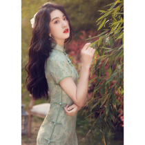 Improved cheongsam 2021 new girl green elegant retro Chinese style young dress female summer long
