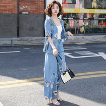 European Station Leisure Lazy Wind and Aging Foreign Air Denim Short Coats Broadlegged Pants Two Sets Women 2022 Spring Summer New