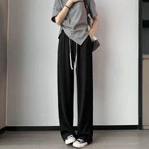 Large size straight cylinder wide leg pants 2022 new display slim black thin drawing rope Fat Sister Pear-shaped Stature Pants High Waist