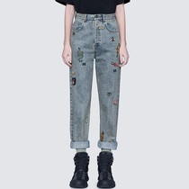 Ni Ni with embroidered high waist jeans women 2021 Autumn New Women pants Joker straight loose loose thin pants