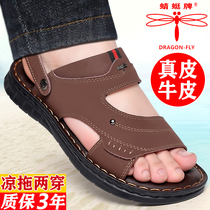 Dragonfly men sandals leather 2023 new summer beach shoes large casual dual - use outer wearing cool slippers