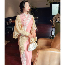 (Yuanzhu peach flower) slim National style gentle lace pink velvet long sleeve improved cheongsam