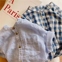  2021 summer new family childrens shirt boys and girls plaid striped shirt baby stand-up collar short-sleeved tide