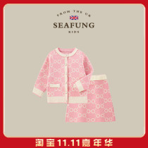 British Seafung Childrens Clothing~Girls Dress Set 2022 New Western Style Cardigan Sweater Childrens Two-piece Set