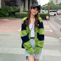 Sweater coat women Spring and Autumn wear thin knitted cardigan 2021 New early autumn Korean loose stripe top