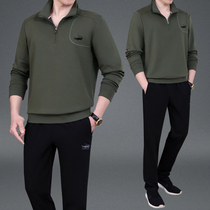 Kaemonle Crocodile Spring Autumn Leisure Sports Suit Men Mid Age Dad Big Code Full Cotton Stand Two Sets Thin