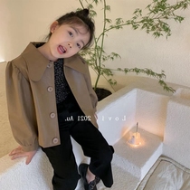 Girl autumn leather jacket 2021 New Korean version of foreign style little girl bubble sleeve big lapel fashion open buckle leather coat