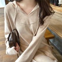 Pregnant women autumn dress 2021 Spring and Autumn New set fashion temperament knitted loose hooded knee sweater skirt