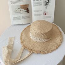 Girls Baby Lace Streamers Handmade Rafi woven straw hat Childrens big cornice burr hat Beach holiday pot hat