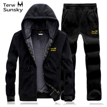 Winter plus velvet padded set outdoor sports two-piece fleece casual set mens hooded cardigan jacket