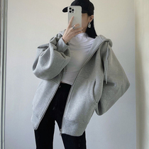 Gray sweatshirt female hooded cardigan autumn and winter 2021 loose bf lazy wind Korean version medium long style plus velvet coat White