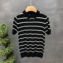 Spring knitted short-sleeved mens 2021 spring new ice silk lapel sweater thin striped half-sleeve sweater tide