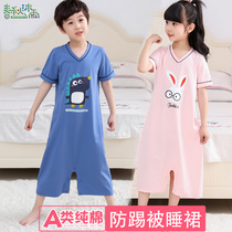 Childrens conjoined pajamas thin summer Boy 1 year old girl baby short sleeve middle child one air conditioning suit boy spring and autumn