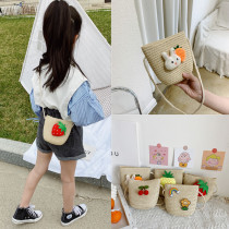 Childrens bag Cute fashion textile bucket bag Mini straw bag Girl baby lightweight shoulder messenger bag