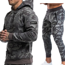 Sports suit men's long sleeve sweater hooded pullover trousers muscle camouflage running fitness iron training tide