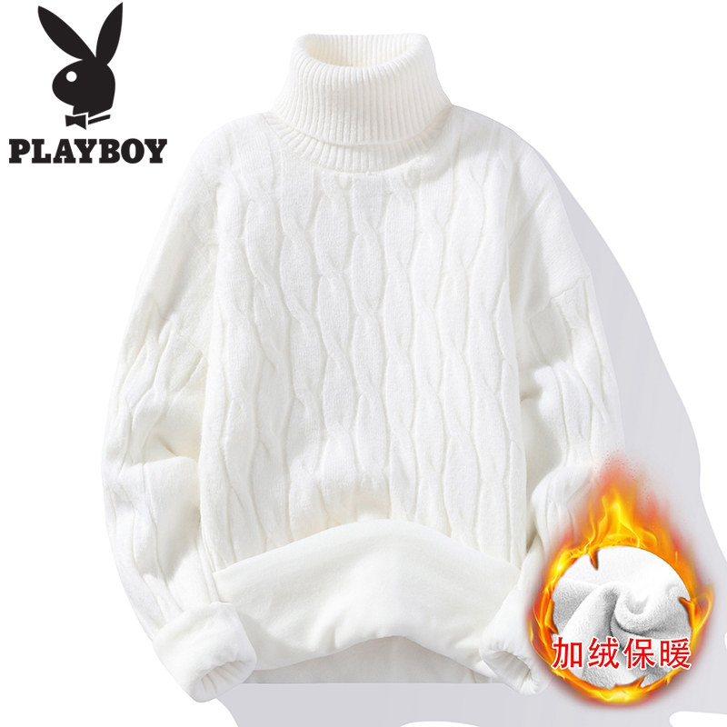 Playboy High Neck Sweater Men's Plush Thickened and Warm Knitted Shirt with Vertical Stripes 2023 New Winter Sweater