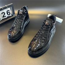 2020 Autumn Winter New High Gang Lacquered Leather Mens Shoes Plus Suede Warm 100 Hitch Heightened Korean Version Board Shoes Shake Sound Same Tide Shoes