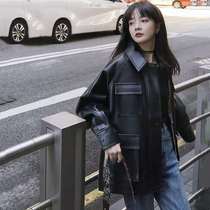 2021 new leather jacket women loose foreign style thin black leather jacket plus velvet Korean student Hong Kong style lady