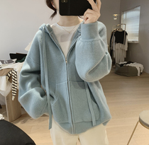 Wearing hat-knitted sweatshirt jacket female style winter new loose slim-cut-age Korean version zip minimalist open-shirt thickened sweater