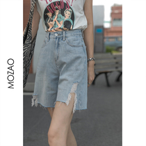 MZ hole raw edge denim shorts womens summer 2021 new wild loose thin high waist straight pants ins tide