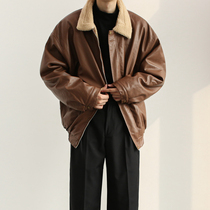 MOGERN Korean trend retro winter thickened lamb fur coat mens short warm couple motorcycle leather jacket