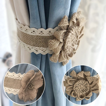 Hand-woven lace broken lace Pearl bow Linen cotton creative curtain strap velcro buckle Pastoral
