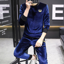  Autumn and winter gold velvet suit mens Korean version of the trend slim two-piece suit mens semi-high neck long-sleeved trousers can be worn outside