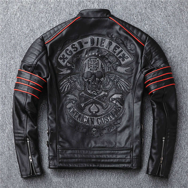 Harley locomotive embroidery skull layer cowhide leather leather mens short leather jacket Motorcycle riding suit jacket