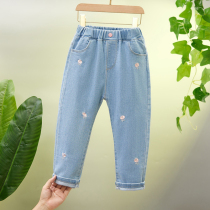 Childrens clothing girls jeans spring and autumn small children cute embroidery fashion foreign style elastic loose trousers Korean tide