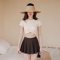 Half-sleeved split skirt small chest student conservative swimsuit cover belly thin bathing hot spring swimsuit female two-piece split