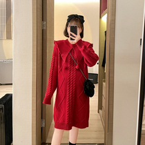Nanas pregnant womens autumn and winter clothes New sweet temperament lapel thick sweater dress
