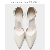  2020 new summer slotted buckle belt beige high heels soft leather pointed head size size thin heel hollow sandals women
