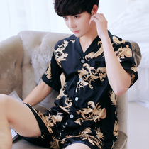 Silk pajamas mens summer short sleeves set casual large size silk thin ice silk youth home clothes mens summer Korean version