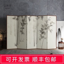 New Chinese style screen partition office folding mobile decoration living room Bamboo simple solid wood block folding screen tea room