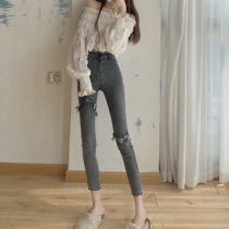 Gray black hole jeans women autumn and winter 2021 New High waist slim slim burrs small feet ankle-length pants tide