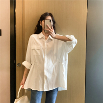 White miniature waist kung fu shirt ~ 21 years Spring and Autumn new waist lapel shirt Korean loose white top