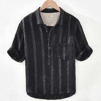Mr Wu summer lapel linen short-sleeved T-shirt mens striped thin casual shirt mens trend cotton and hemp top