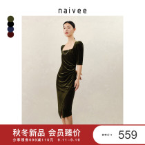 Mall same naivee Nave 22 autumn new vintage square collar court puffed sleeve pleated velvet dress