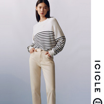 ICICLEs and womens clothing 2022 spring models new ultra-fine cotton round collar striped pint-shirt sweater knit blouse women