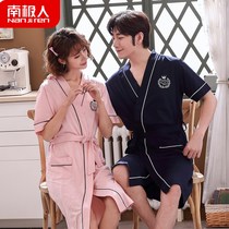 South Pole lovers Xinjiang pure cotton short sleeve sleepwear summer mid-length All cotton men and women thin and big code bathrobe pajamas