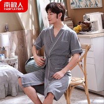 South Pole Sleeping Robes Mens Pure Cotton Short Sleeve Pyjamas Summer Loose Big Code Bathrobe Full Cotton Medium Long thin bathing suit