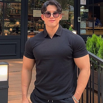 Summer V Collar Muscle Movement Tight Fit Polo Shirt Collar Pure Color Round Down Swing Cotton Elastic Body Workout Clothes Short Sleeves