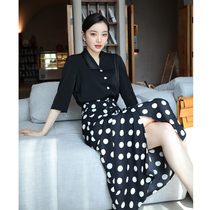 Zhang Nian En custom acetic acid satin black design sense overalls womens professional skirt temperament shirt suit spring