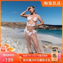 OceanMystery apricot transparent hot spring island resort bikini swimsuit embroidery outer dress dress women