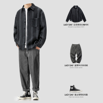 LAZY DAY original mens set with Japanese vintage dark striped denim shirt mens loose casual jacket