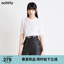 ochirly Eurotime 2022 new spring loaded round collar pure color old pattern combed cotton short sleeve needle weaseled women