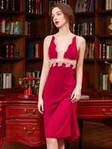 Light luxury indulgence~ night dress womens summer new ice silk thin suspender chest pad Lace mood sexy pajamas