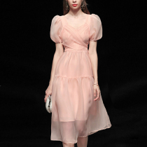 Fisistli summer 2021 new womens temperament sexy waist long skirt gauze skirt thin mid-length dress