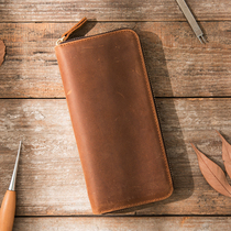 Featured Retro Crazy Mapleather Artisanal Genuine Leather Men Zipper Wallet Long large capacity Multi-clamping frosted Money clip